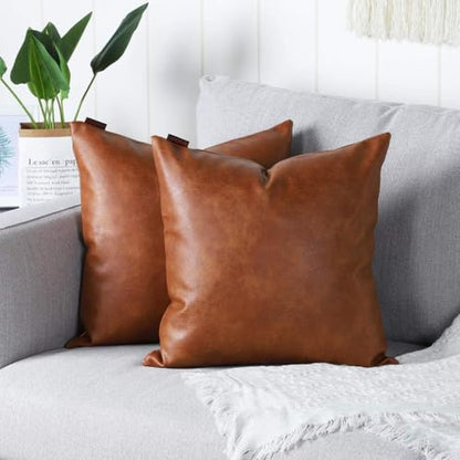 Set of 2 Faux Leather Decorative Throw Pillow Covers Modern Solid Outdoor Cushion Cases Luxury Pillowcases for Couch Sofa Bed 20x20 Inches Brown