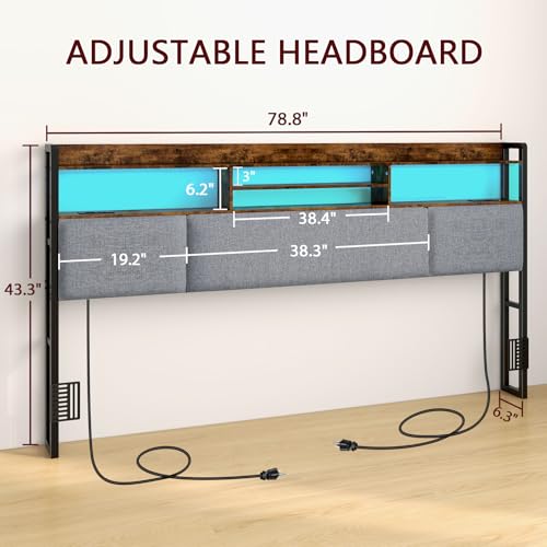 King Size Upholstered Headboard with 2 Outlets and LED Lights, view 5