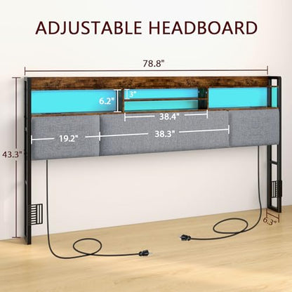 King Size Upholstered Headboard with 2 Outlets and LED Lights, view 5