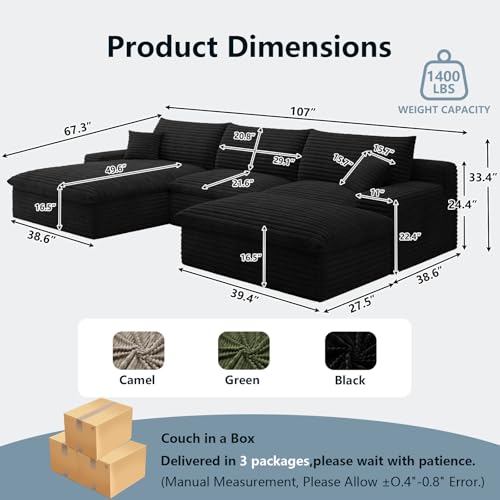 107" Cloud Sectional Couch with U-Shaped Chaise,Corduroy Viral Boneless Sofa with Ottoman,Memory Foam Couches in a Box with Deep Seat for Living Room,No Assembly Required (Black,Left-Facing Chaise)