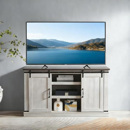 Modern Farmhouse Wood TV Stand for TVs up to 65 Inch, Home Living Room Storage Table TV Stands Cabinet Doors and Shelves Entertainment Center, Stone Grey