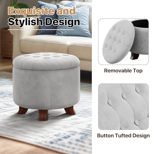Round Ottoman, Ottoman with Storage, 20 Dia. x 17 H Inches Foot Rest Stool with Legs for Bedroom, Living Room, Decorative Home Furniture, Light Gray