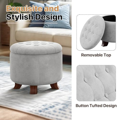 Round Ottoman, Ottoman with Storage, 20 Dia. x 17 H Inches Foot Rest Stool with Legs for Bedroom, Living Room, Decorative Home Furniture, Light Gray