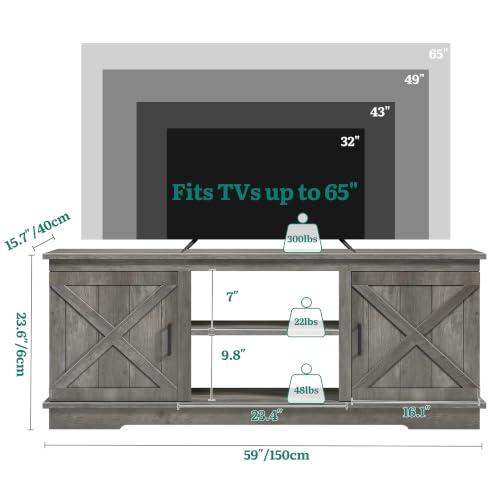 Farmhouse TV Stand for 65 Inch TV, Double Barn Doors, Rustic Grey, view 3