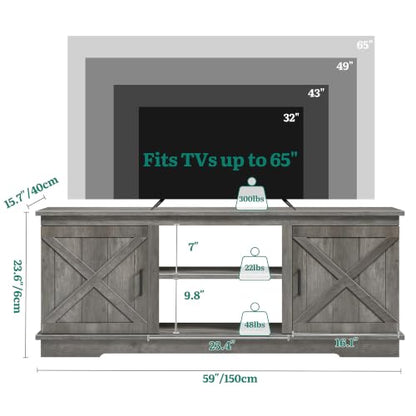 Farmhouse TV Stand for 65 Inch TV, Double Barn Doors, Rustic Grey, view 3