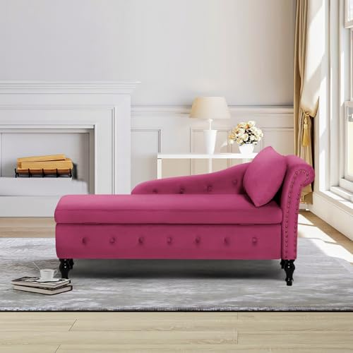 Velvet Chaise Lounge w/Right Armrest & Storage Space, Fuchsia, view 9