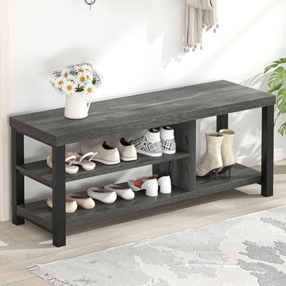 Industrial Entryway Bench, Rustic Indoor Shoe Boot Storage Bench Seat for Living Room, Grey