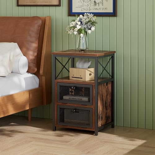 End Side Table, Modern Night Stand with Storage Space and Door, Set of 2 Nightstands for Living Room,Bedroom,Lounge,Antique Brown
