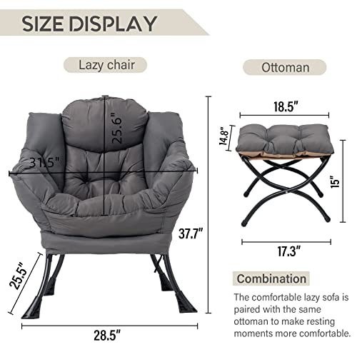 Lazy Chair with Ottoman, Modern Accent Leisure Upholstered Lazy Sofa Armchair, Contemporary Lounge Reading Chair with Armrests and a Side Pocket for Living Room, Bedroom & Small Space, Dark Grey