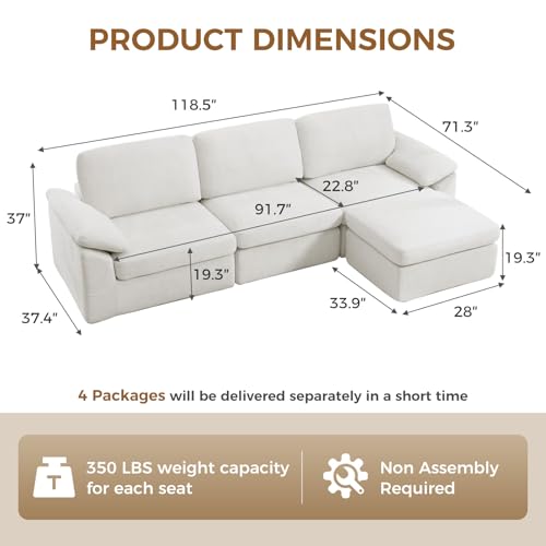 118" Sectional Boneless Couch for Living Room, Modern L Shaped Sofa with Ottoman, Comfy Cloud Modular Sectional Sofa with Deep Seat, No Assembly Required, White