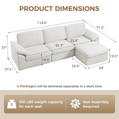 118" Sectional Boneless Couch for Living Room, Modern L Shaped Sofa with Ottoman, Comfy Cloud Modular Sectional Sofa with Deep Seat, No Assembly Required, White