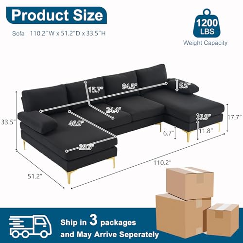 110" Modern Sectional Couch with 51" D Double Chaise, Black Deep Seat U Shaped Couch with Removable Pillows & Metal Legs, Comfy 4-Seat Sofas for Living Room, Linen Fabric