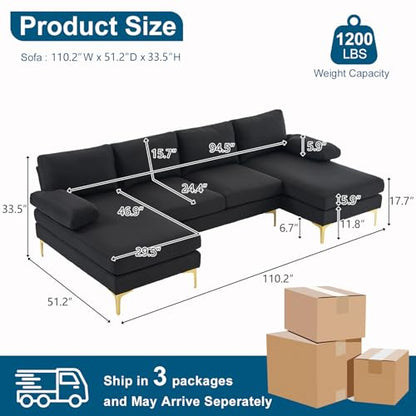110" Modern Sectional Couch with 51" D Double Chaise, Black Deep Seat U Shaped Couch with Removable Pillows & Metal Legs, Comfy 4-Seat Sofas for Living Room, Linen Fabric