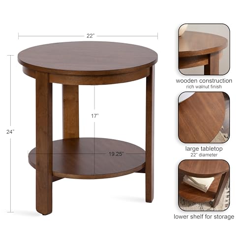 Foxford Tiered Round Side Table; 22 x 22 x 24; Walnut Brown; Transitional Two-Tier Circle Nightstand Table with Storage and Resilient Wood Construction for Bedroom Decor
