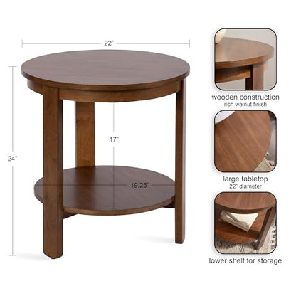 Foxford Tiered Round Side Table; 22 x 22 x 24; Walnut Brown; Transitional Two-Tier Circle Nightstand Table with Storage and Resilient Wood Construction for Bedroom Decor