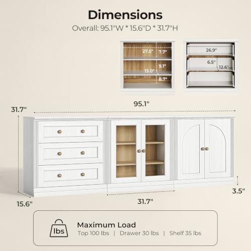 White modular TV stand with drawers and adjustable shelves, view 3