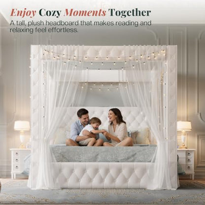 Queen Canopy Bed Frame Velvet Upholstered Headboard, Cream, view 4