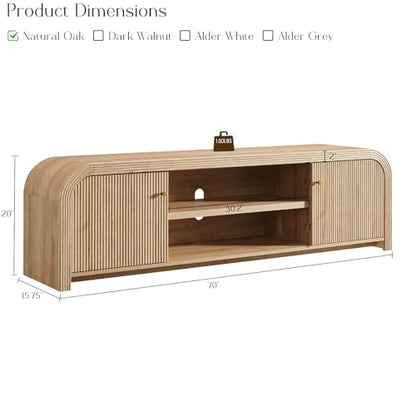 70" Modern Fluted TV Stand with Storage, Natural Oak, view 3