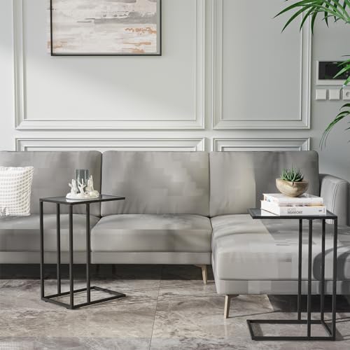 Easy Paws C Shaped End Table Set of 2, Tempered Glass Snack Side Table with Metal Frame, Sofa Couch Side Table, Modern Style, Black