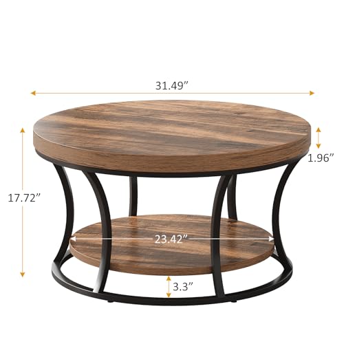 Round Coffee Table for Living Room, 2-Tier Circle Coffee Table with Storage, Accent Center Table Modern Design, Rustic Brown and Black