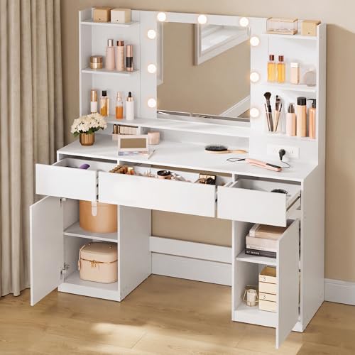 43.3-Inch Vanity Desk with Mirror and Lights, 3 Drawers 2 Cabinets, view 2
