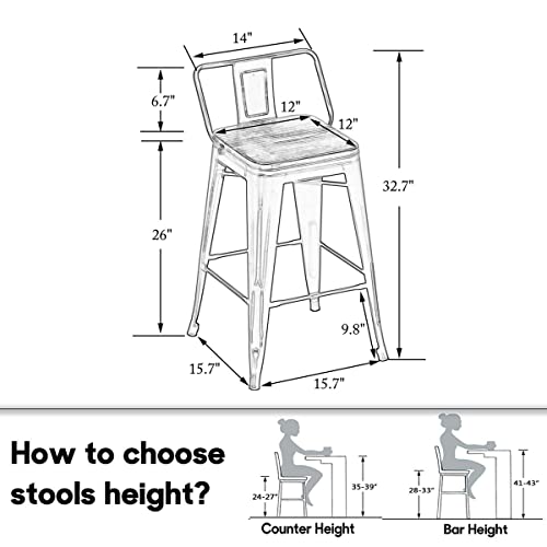 26" Low Back Metal Counter Stool Height Bar Stools with Wooden Seat [Set of 4] Barstools, Matte Black