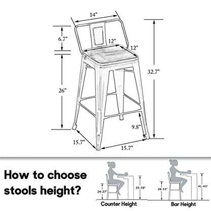26" Low Back Metal Counter Stool Height Bar Stools with Wooden Seat [Set of 4] Barstools, Matte Black