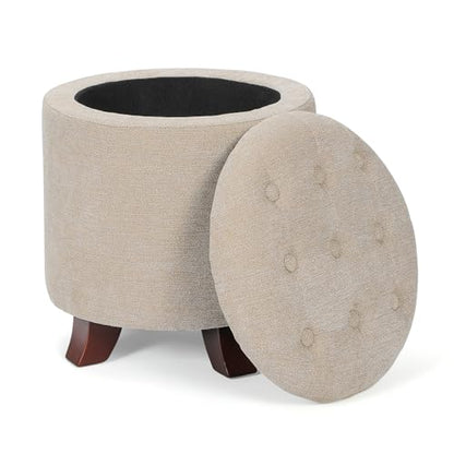 15 Inch Small Ottoman with Storage, Round Linen Fabric Storage Ottoman Foot Rest with Removable Lid, Multipurpose Footstool Footrest for Living Room, Bedroom, Dorm, Khaki