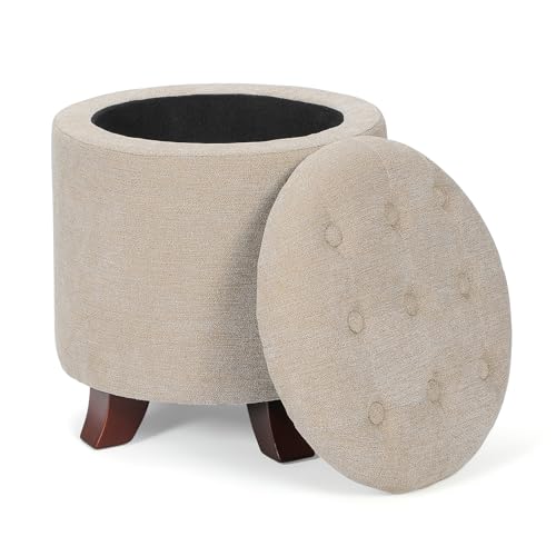 15 Inch Small Ottoman with Storage, Round Linen Fabric Storage Ottoman Foot Rest with Removable Lid, Multipurpose Footstool Footrest for Living Room, Bedroom, Dorm, Khaki