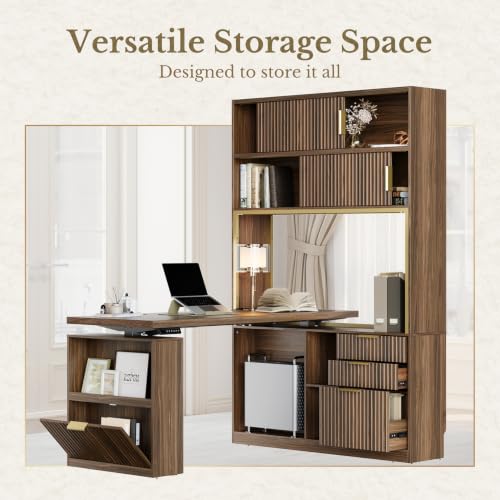 60'' L Shaped Standing Desk with Hutch, Black Walnut, view 5