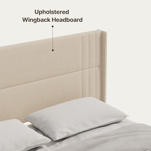 King Bed Frame with Wingback Headboard, Upholstered Platform Bed, view 6