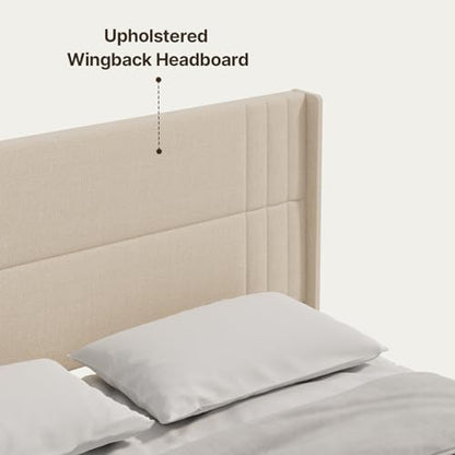 King Bed Frame with Wingback Headboard, Upholstered Platform Bed, view 6