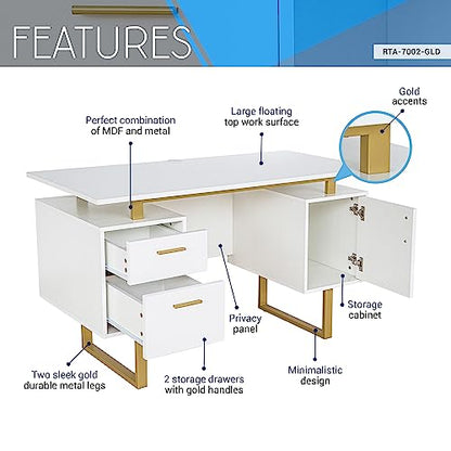 Storage Drawers and Cabinet 51.25” W-Modern Office Large Floating Desktop Surface Desk, 23.6" D x 51.2" W x 29.8" H, White/Gold