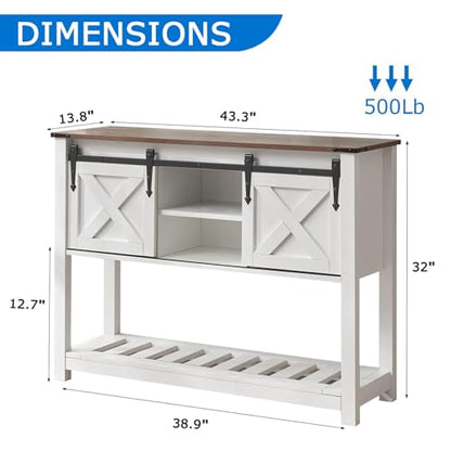 Entryway Table with Storage, Farmhouse Buffet Cabinet Coffee Bar Kitchen Island with Sliding Barn Doors & Shelves, Console Table for Kitchen, Dining Room, Living Room, White