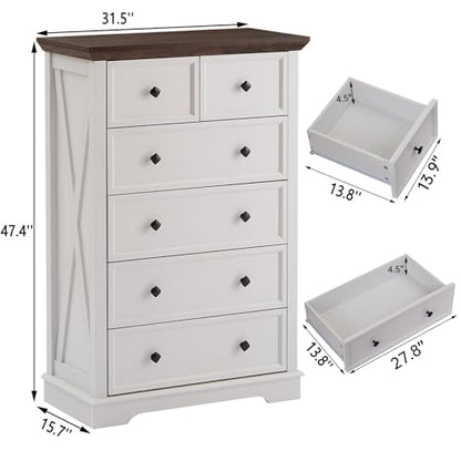 Farmhouse 6 Drawers Dresser Chests for Bedroom, White 6 Chest of Drawers, view 3