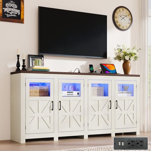 74" Large LED Farmhouse TV Stand for 80/75/70 Inch TVs with Power Outlets, view 2