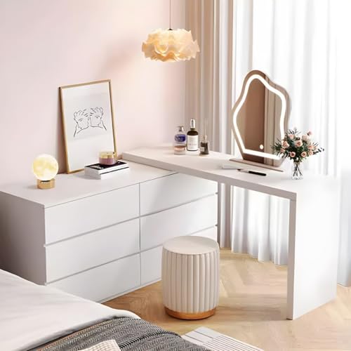 LAKIQ Modern White Makeup Vanity Desk with 6 Drawers Storage Manufactured Wood Adjustable Vanity Dressing Table for Small Space Without Mirror Stool (Vanity Desk Only, (31.5"+47.2")L x 16"W x 29.5"H)