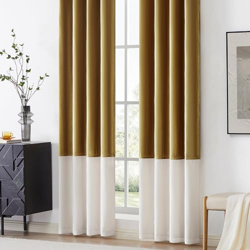 Color Block Velvet Curtains 90 inch Gold Ivory Cream Luxury Elegant Modern Living Room Curtain Light Blocking Thermal Insulated Soundproof Room Darkening Energy Saving Drapes for Bedroom Set of 2
