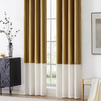 Color Block Velvet Curtains 90 inch Gold Ivory Cream Luxury Elegant Modern Living Room Curtain Light Blocking Thermal Insulated Soundproof Room Darkening Energy Saving Drapes for Bedroom Set of 2