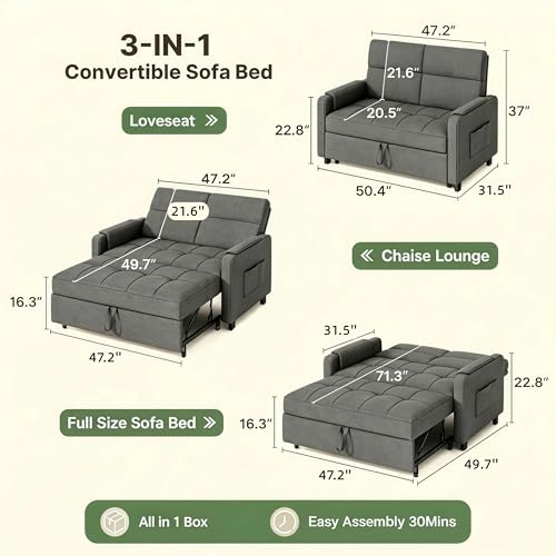 Convertible Sofa Bed, Modern Couch Bed & Small Loveseat Sleeper, 5-Position Adjustable Futon Sofa for Living Room, Apartment, Guest Room, Grey