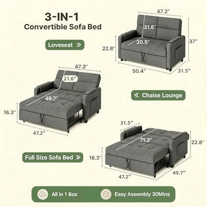 Convertible Sofa Bed, Modern Couch Bed & Small Loveseat Sleeper, 5-Position Adjustable Futon Sofa for Living Room, Apartment, Guest Room, Grey