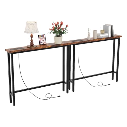 79" Console Table with Power Outlet, 5.9" Narrow Sofa Table Set of 2, Entryway Table with Charging Station & 4.9 Ft Extension Cord & Adjustable Feet, for Living Room, Hallway, Rustic Brown