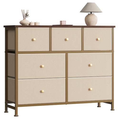 7 Drawer Dresser for Bedroom Storage with Fabric Bins, Khaki, view 2