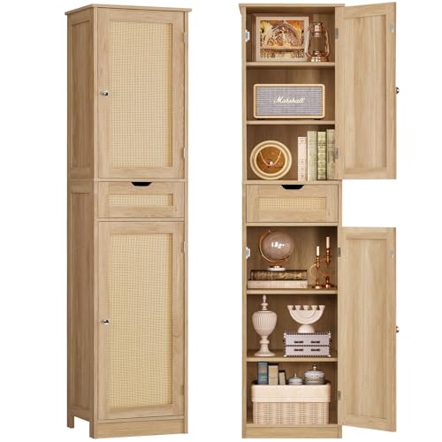 67" H Tall Storage Cabinet with 2 Rattan Doors and 1 Drawer, Narrow Rattan Cabinet with Adjustable Shelves, for Living Room, Entryway, Kitchen, Natural