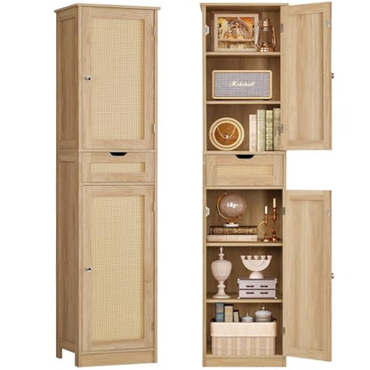 67" H Tall Storage Cabinet with 2 Rattan Doors and 1 Drawer, Narrow Rattan Cabinet with Adjustable Shelves, for Living Room, Entryway, Kitchen, Natural