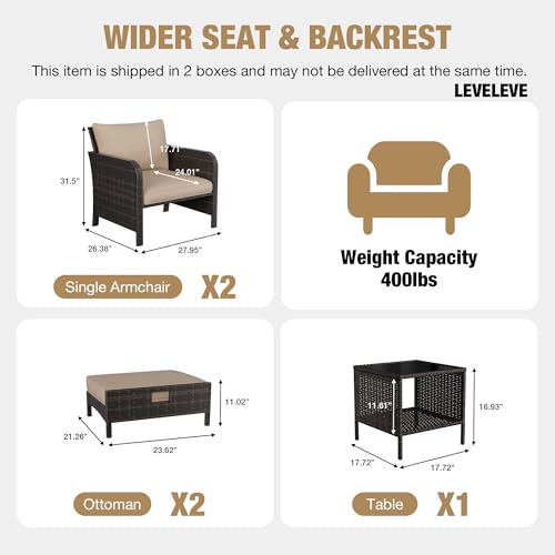 Patio Conversation Set 5 Piece, Balcony Furniture Outdoor PE Rattan Wicker Lounge Chairs with Soft Cushions, 2 Ottomans & Glass Table for Porch Lawn, Brown (Khaki Cushions