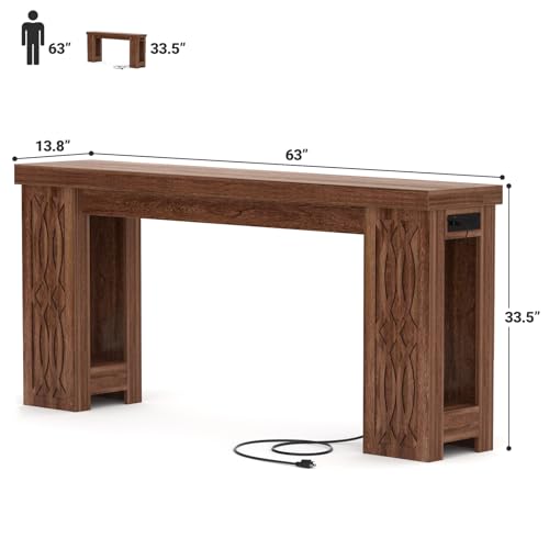 63" Console Table with Outlet, Farmhouse Entryway Table with Colorful LED Lights, Wooden Sofa Table with Unique Carved Design, Foyer Accent Table for Entrance, Hallway, Living Room