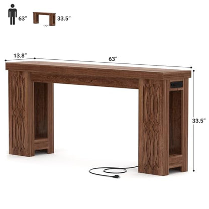 63" Console Table with Outlet, Farmhouse Entryway Table with Colorful LED Lights, Wooden Sofa Table with Unique Carved Design, Foyer Accent Table for Entrance, Hallway, Living Room
