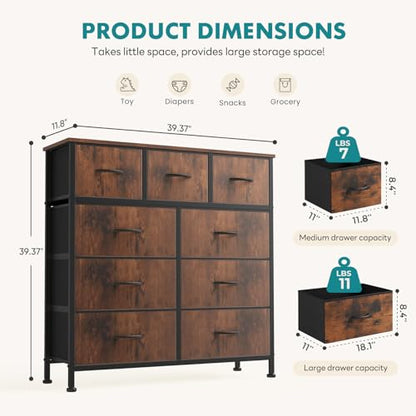 Dresser for Bedroom, 9 Storage Drawers, Wide Fabric Closet Chests Organizer Tower Furniture, TV Stand with Wooden Top Metal Frame for Clothes, Living Room, Hallway, Entryway, Rustic Brown