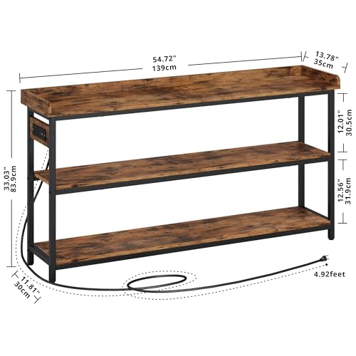 Console Table, Sofa Table with Power Outlet, Farmhouse Hallway Table for Entryway, Living Room, Height Adjustable, Easy Assembly, Rustic Brown,55"